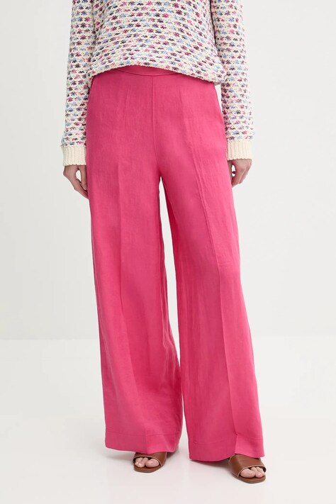 Lněné kalhoty United Colors of Benetton dámské, růžová barva, high waist, 4AGHDF08K