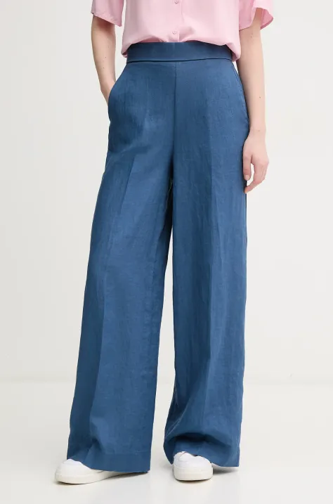 United Colors of Benetton pantaloni din in femei, culoarea bleumarin, drept, high waist, 4AGHDF08K