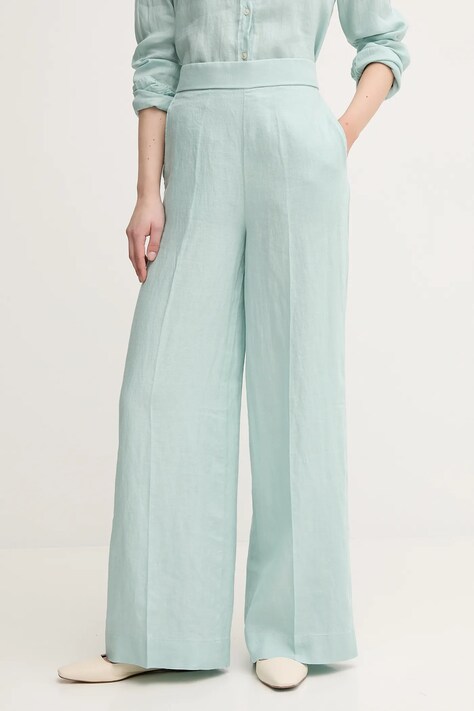 Lněné kalhoty United Colors of Benetton dámské, tyrkysová barva, high waist, 4AGHDF08K