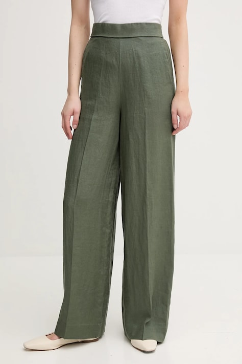 Lněné kalhoty United Colors of Benetton dámské, zelená barva, high waist, 4AGHDF08K