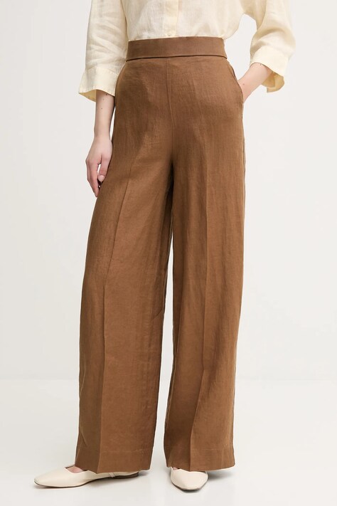 United Colors of Benetton spodnie lniane damskie kolor brązowy proste high waist 4AGHDF08K