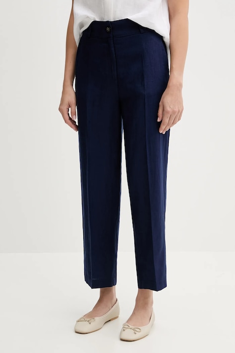 Lněné kalhoty United Colors of Benetton dámské, tmavomodrá barva, high waist, 4AGHDF06R