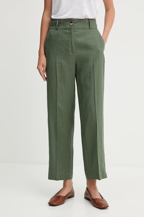 Lněné kalhoty United Colors of Benetton dámské, zelená barva, high waist, 4AGHDF06R