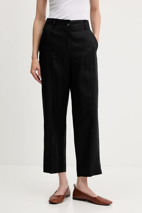 Lněné kalhoty United Colors of Benetton dámské, černá barva, high waist, 4AGHDF06R