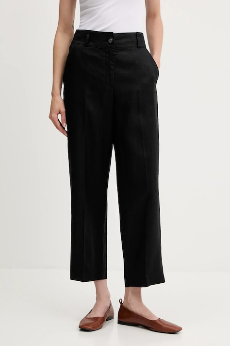 Lněné kalhoty United Colors of Benetton dámské, černá barva, high waist, 4AGHDF06R