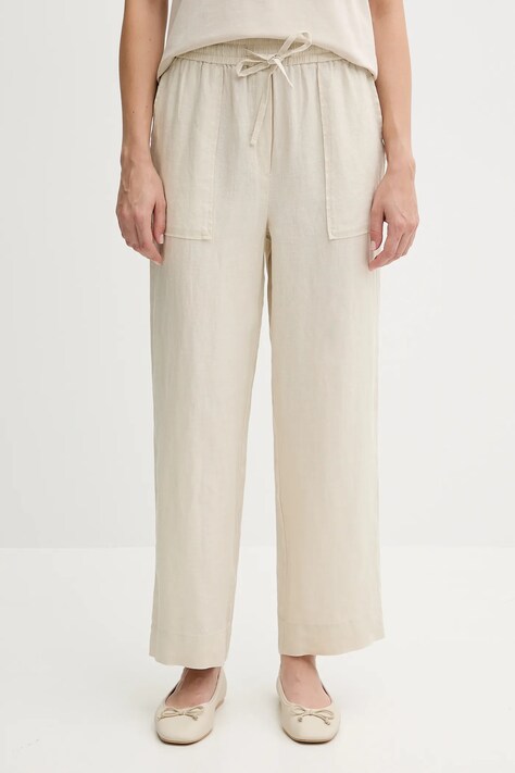 Lněné kalhoty United Colors of Benetton dámské, béžová barva, high waist, 4AGHDF08J