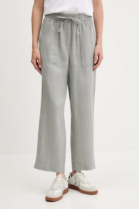 Lněné kalhoty United Colors of Benetton dámské, šedá barva, high waist, 4AGHDF08J