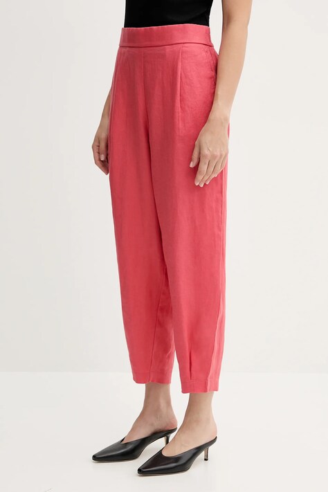 Lněné kalhoty United Colors of Benetton dámské, růžová barva, široké, high waist, 4AGHDF08L