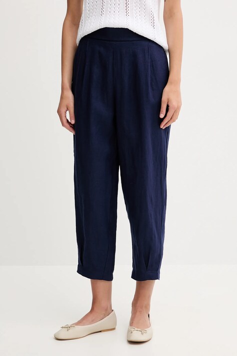 Lněné kalhoty United Colors of Benetton dámské, tmavomodrá barva, široké, high waist, 4AGHDF08L