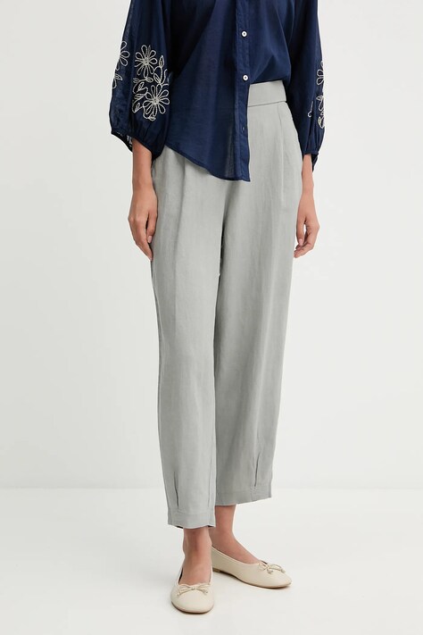 Lněné kalhoty United Colors of Benetton dámské, šedá barva, široké, high waist, 4AGHDF08L