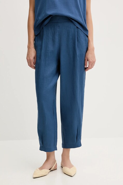 Lněné kalhoty United Colors of Benetton dámské, modrá barva, široké, high waist, 4AGHDF08L