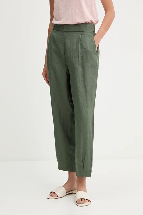 Lněné kalhoty United Colors of Benetton dámské, zelená barva, široké, high waist, 4AGHDF08L
