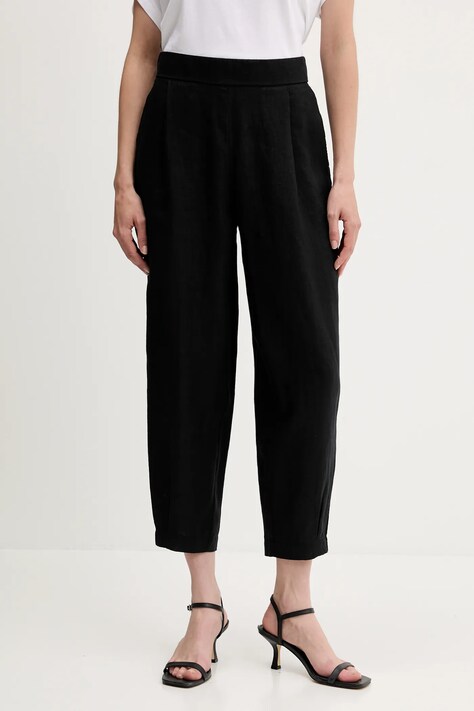 Lněné kalhoty United Colors of Benetton dámské, černá barva, široké, high waist, 4AGHDF08L