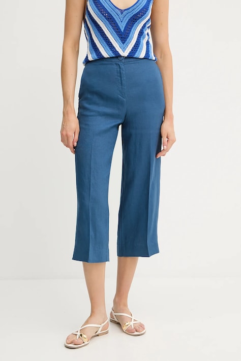 Lněné kalhoty United Colors of Benetton dámské, modrá barva, high waist, 4AGHDF08M