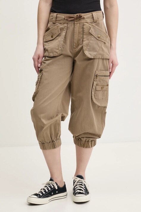 Bavlněné kalhoty Desigual LOIRA dámské, béžová barva, jednoduché, high waist, 25SWPW26