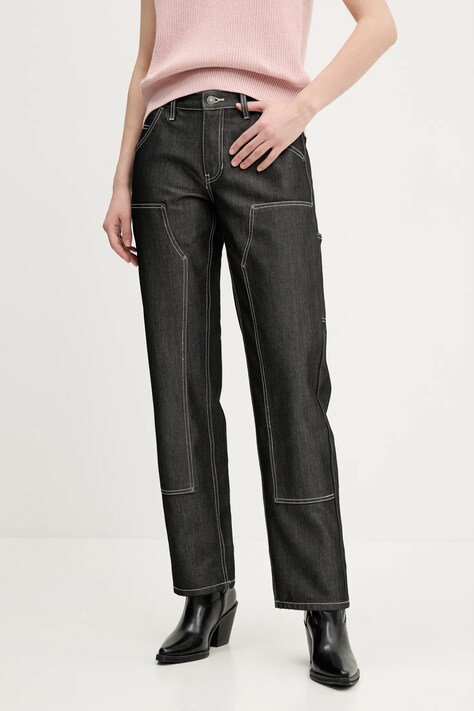 Guess Originals pantaloni femei, culoarea gri, drept, medium waist, W5RG10 D5L30