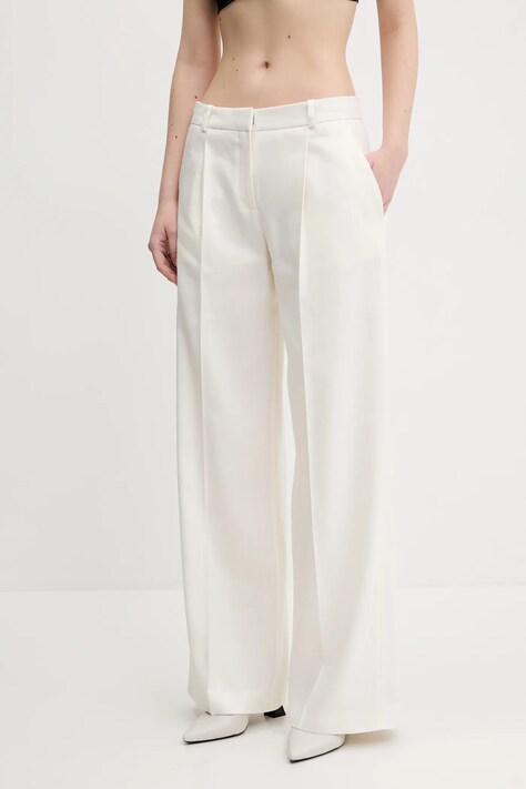 HUGO pantaloni din in femei, culoarea bej, lat, high waist, 50537619