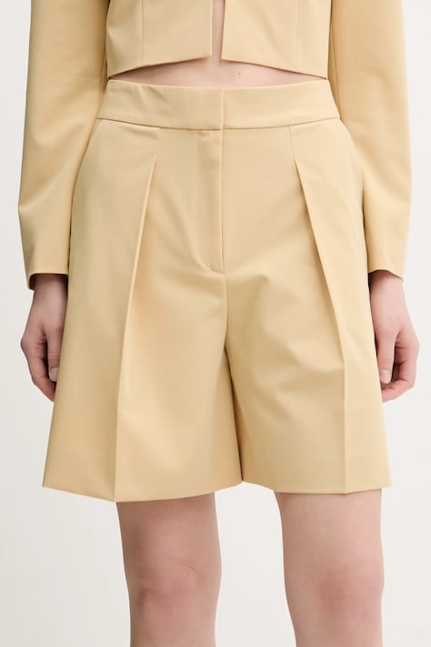 HUGO pantaloni scurți femei, culoarea bej, uni, high waist, 50537900