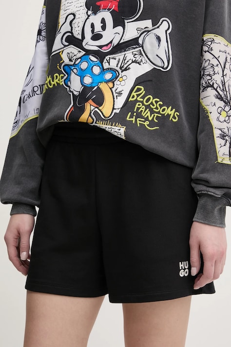 HUGO pamut rövidnadrág női, fekete, nyomott mintás, magas derekú, 50536943