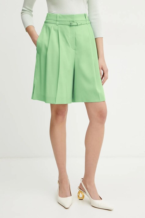 Vlněné šortky BOSS dámské, zelená barva, hladké, high waist, 50537395