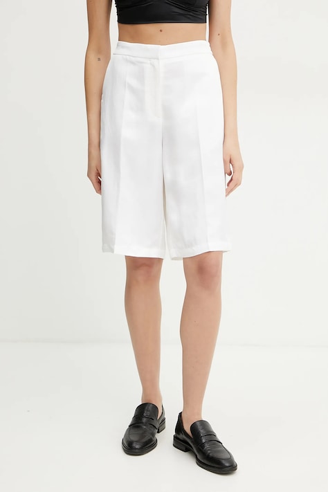 BOSS pantaloni scurți din amestec de in femei, culoarea alb, neted, high waist, 50537403