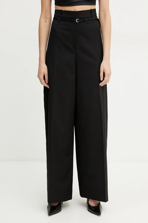 Vlněné kalhoty BOSS dámské, černá barva, široké, high waist, 50537404