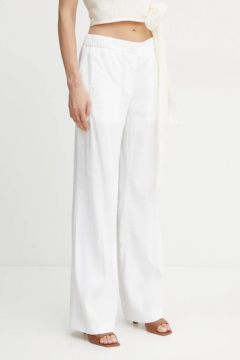 Lněné kalhoty BOSS dámské, bílá barva, jednoduché, high waist, 50540608