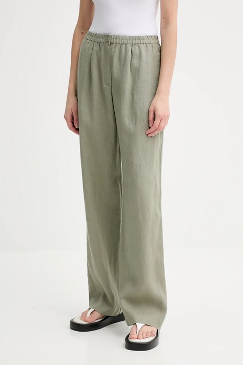 Lněné kalhoty Samsoe Samsoe SATOVE zelená barva, jednoduché, high waist, F25100016