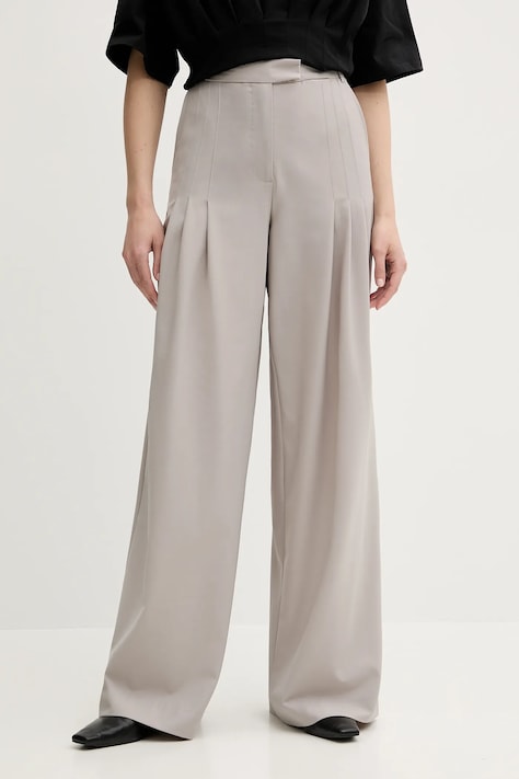 Remain pantaloni din lână culoarea gri, lat, high waist, 5024733058