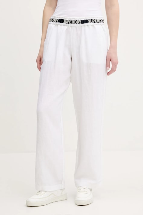 Superdry spodnie lniane damskie kolor beżowy szerokie high waist W7011182A-04C