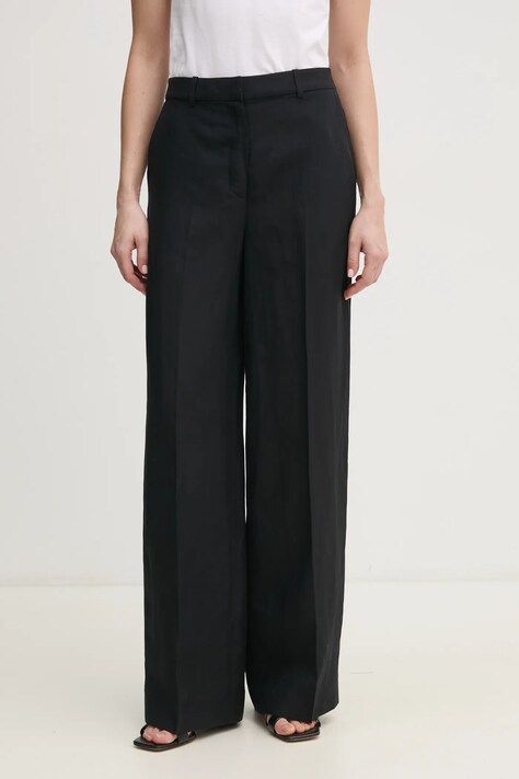 Nohavice s prímesou ľanu Calvin Klein dámske, čierna farba, rovné, vysoký pás, K20K208381
