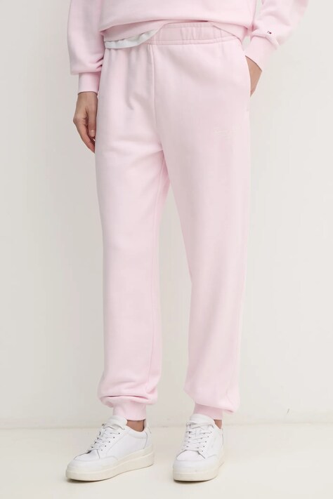 Bavlněné tepláky Tommy Hilfiger růžová barva, s potiskem, WW0WW45576