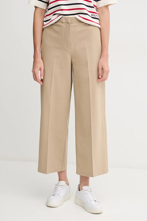 Tommy Hilfiger pantaloni femei, culoarea bej, lat, high waist, WW0WW45463