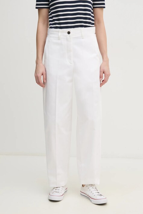Bavlnené nohavice Tommy Hilfiger biela farba, rovné, vysoký pás, WW0WW45487