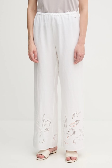 Tommy Hilfiger pantaloni din in culoarea bej, drept, high waist, WW0WW44782