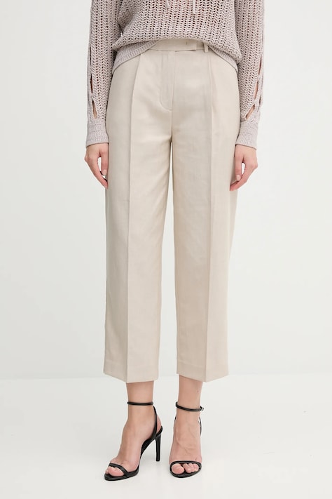 Kalhoty s příměsí lnu Tommy Hilfiger dámské, béžová barva, high waist, WW0WW45461