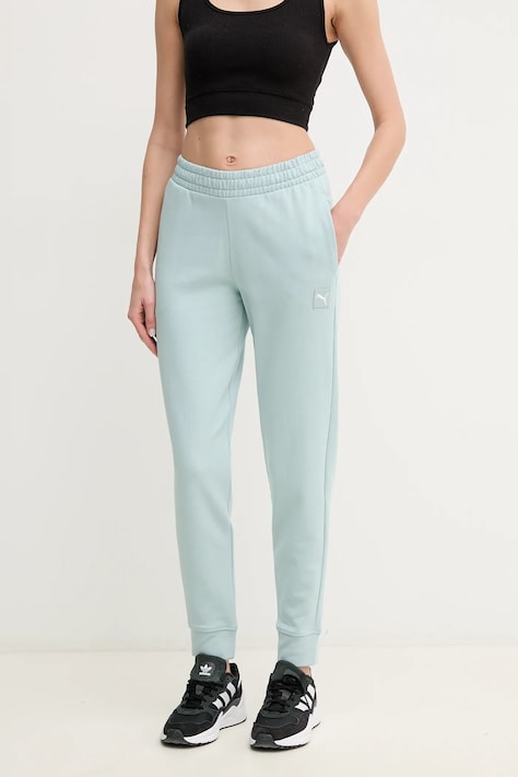 Puma pantaloni de trening din bumbac femei, culoarea turcoaz, neted, 685019