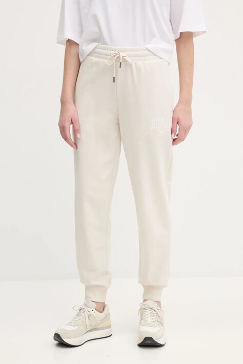 Puma pantaloni de trening femei, culoarea bej, cu imprimeu, 685037