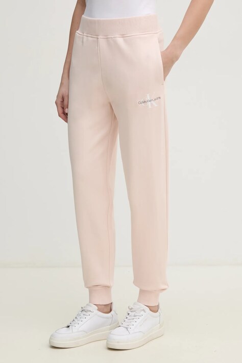 Calvin Klein Jeans pantaloni de trening din bumbac femei, culoarea roz, cu imprimeu, J20J225354