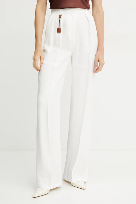Ľanové nohavice Elisabetta Franchi dámske, biela farba, rovné, vysoký pás, PA09752E2