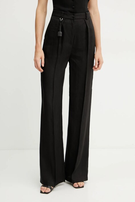 Lněné kalhoty Elisabetta Franchi dámské, černá barva, jednoduché, high waist, PA09752E2