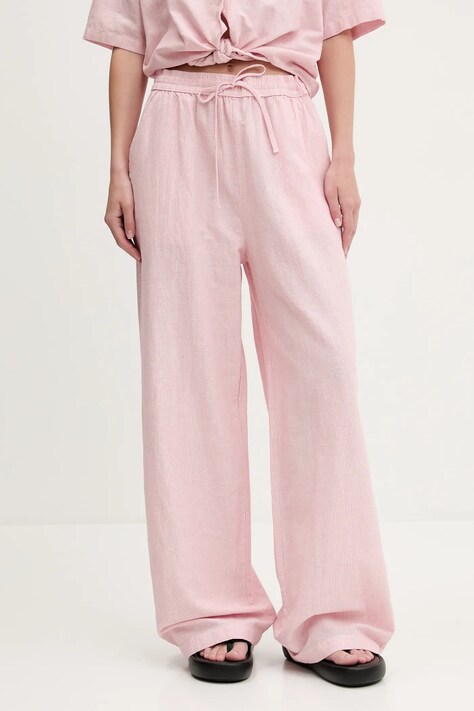 Kalhoty s příměsí lnu Tommy Jeans růžová barva, high waist, DW0DW20352