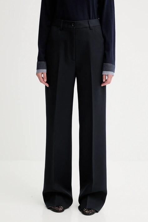 Bally pantaloni de lână culoarea bleumarin, lat, high waist, WTR03W