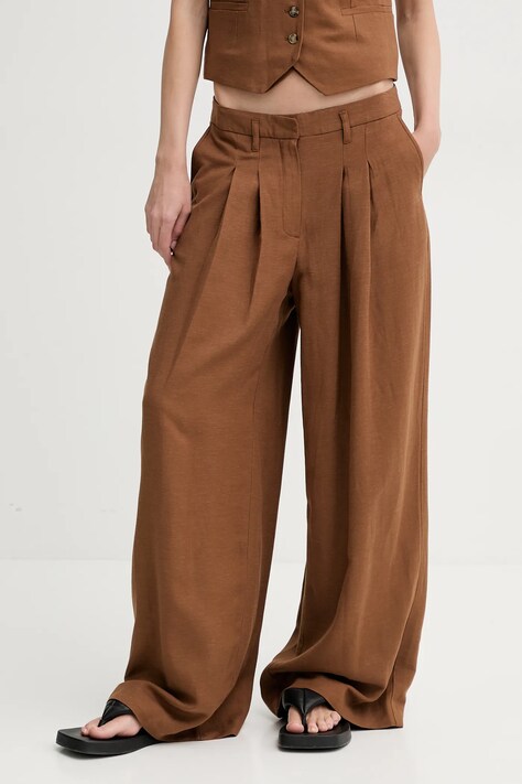 Kalhoty s příměsí lnu Herskind Lotus hnědá barva, high waist, 5503840