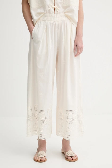 Bavlněné kalhoty Sessun dámské, béžová barva, široké, high waist, 25207013