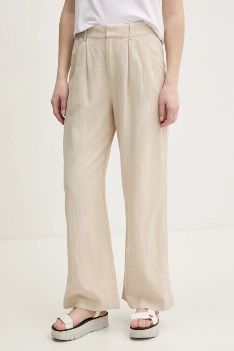 Hollister Co. spodnie lniane damskie kolor beżowy szerokie high waist KI356-5049