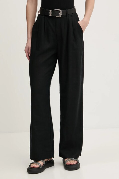 Lněné kalhoty Hollister Co. černá barva, jednoduché, high waist, KI356-5050