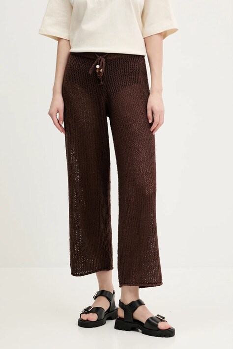 Abercrombie & Fitch pantaloni de bumbac femei, culoarea maro, lat, high waist, KI111-5032