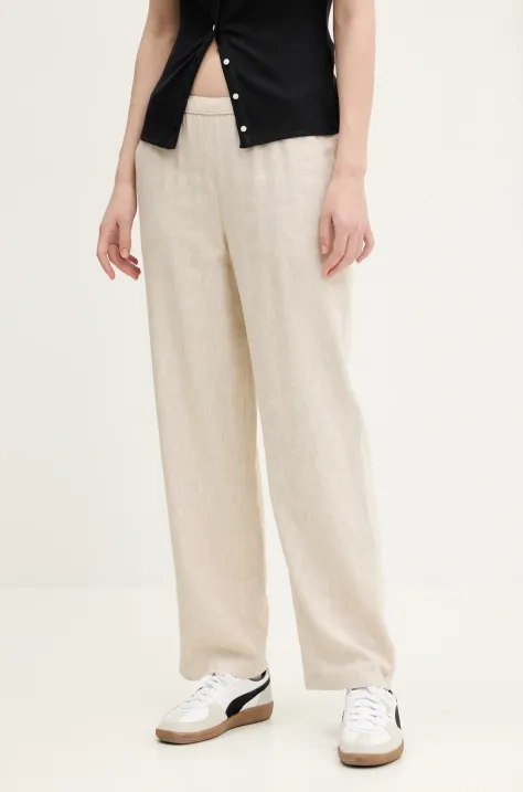 Abercrombie & Fitch pantaloni din in femei, culoarea bej, lat, high waist, KI156-5129