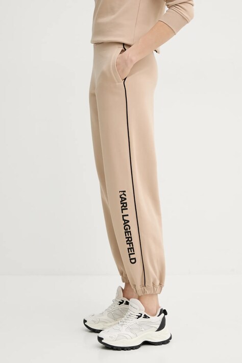Karl Lagerfeld pantaloni de trening femei, culoarea bej, cu imprimeu, A2W10149